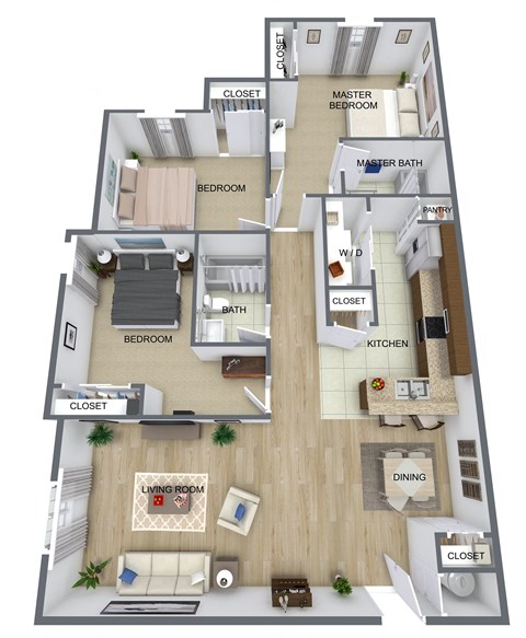 Floor plan for 3 beds, 2 baths, 1299 sqft